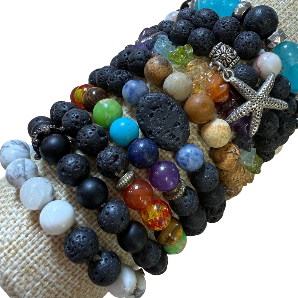 Beaded Bracelet Set Multicolor Lava‎ Rock Chakra Boho Starfish